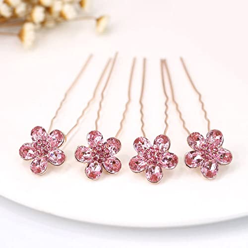 4 Pezzi Forcella Per Capelli A Forma Di U Fiore Di Cristallo D'Imitazione Pettine Per Capelli Da Sposa Forcine Per Capelli Accessori Per Capelli Alla Moda Per Le Donne,Rosa