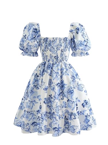 Girl's Floral Bowknot Back A Line Dresses Square Neck Puff Sleeve Smocked Vacation Short Dress
