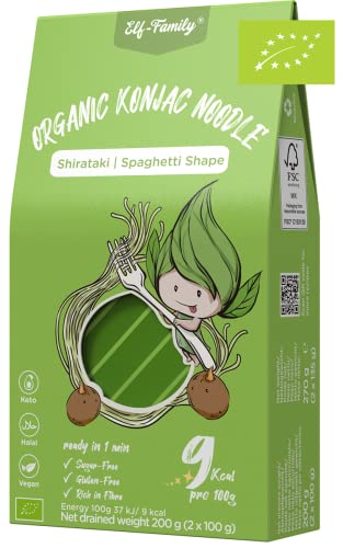 Elf-family Bio Pasta Konjac Keto Carbohidratos Ultrabajos/Vegano/Sin Gluten 270 g x 1 cajas(2 paquetes), Fideos Konjac Noodles Shirataki Noodles/Sin azúcar/Bajo en Calorías - Spaghetti