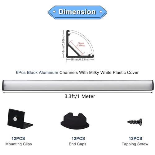 Image of VST 6Pack 3.3 ft Black LED Aluminum Channel with Milky White Cover V Shape 16x16mm, Led Strip Light Track with Accessories for Led Strip Lights in Home Lighting