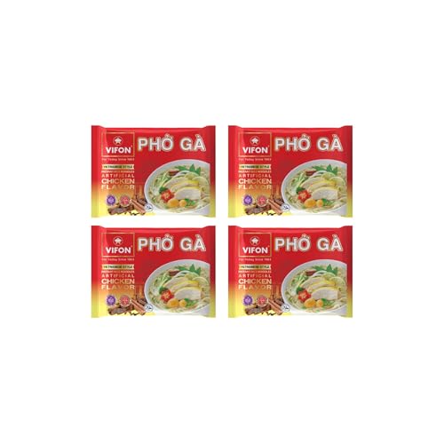 VIFON Phở Gà Vietnamese Style Instant Rice Noodles Chicken Flavor, 4-Pack (60 g each) | Halal Certified | Authentic Vietnamese Phở | Ready in 3 Minutes