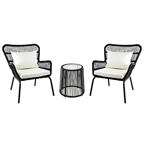 Amazon Basics Outdoor All-Weather Woven Faux Rattan High Back Chair With Cushions And Side Table, Black, 3 Piece Set, 30.71"D X 29.13"W X 34.06"H #TOP23