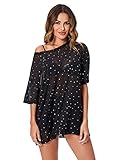 WDIRARA Women's Sheer See Through Short Sleeve Mesh Top Tee Blouse Black Silver Stars L