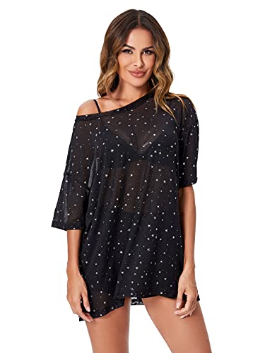 WDIRARA Women's Sheer See Through Short Sleeve Mesh Top Tee Blouse Black Silver Stars L