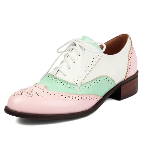 Roimaash Womens Brogues and Oxfords Unisex Shoes Low Heel Wingtip Two Tone Saddle Shoes Lace up Leisure British Style Work Shoes Pink Plus Size 45