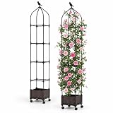 GOPLUS Macetero Autorriego de Tomates, Maceta Elevada de Jardín con Enrejado, Ruedas, Altura Ajustable, Caja de Plantación con Tometera para Patio, Terraza, 30 x 30 x 95-200 cm