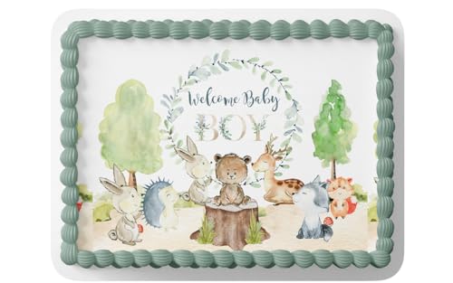 Image of Woodland Baby Shower Cake Topper Edible Image, Woodland baby Shower, Woodland Cake Topper, Welcome Baby Boy