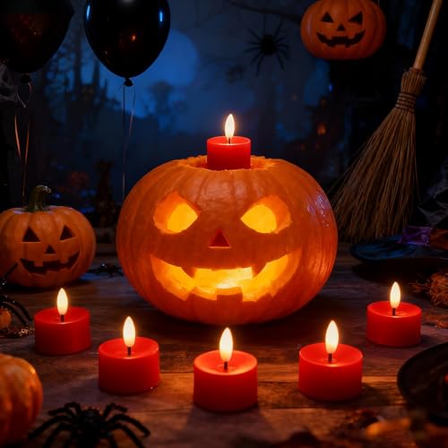Image of CANDLE CHOICE Battery Operated Flameless Tea Lights Realistic Black Wick Bright Flickering LED Tealight Candles Wedding Table Centerpieces Halloween Christmas Decorations Batteries Incl. 6 Pack Red