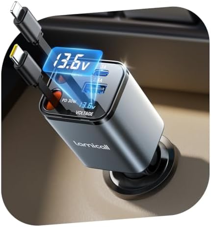 Lamicall 4 IN 1 Zigarettenanzünder USB C Ladegerät Auto Schnellladegerät | [50% Kleiner][Spannungsanzeige] 69W USB Adapter Auto mit einziehbarem Typ-C Kabel, 24/12V KFZ Ladegerät f