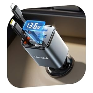Lamicall 4 IN 1 Zigarettenanzünder USB C Auto Ladegerät – [50% Kleiner] [Spannung-Anzeige] 69W USB Adapter Auto Schnellladegerät mit einziehbarem Typ-C Kabel, 24/12V KFZ Ladegerät für iPhone/Samsung