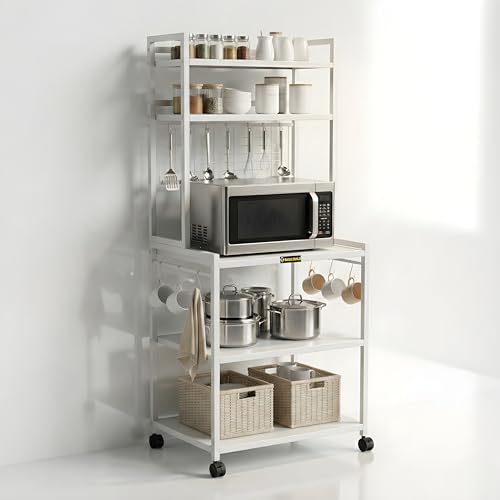 Image of Heavy-Duty 5-Tier Microwave Oven Stand with Wheels | Metal Kitchen Appliance Rack with Hooks & Storage Shelves | Air Fryer, OTG, Oven Organizer Trolley (MS 5 White)