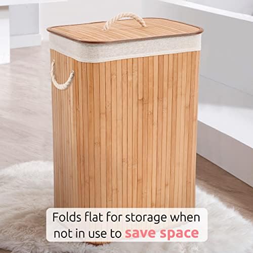 Compactor Fold Flat Laundry Basket Bamboo, Rectangle Wooden Laundry Basket with Lid, 40 x 30 x 60 cm, Bamboo and Polycotton, Light Wood/Cream, RAN5217