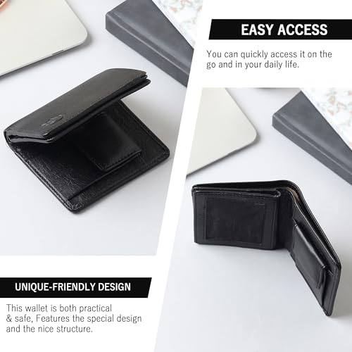 Image of VEMILIO Vegan Leather Wallet for Men & Women | 6 Card Slots | ID Window | Coin Pocket | 2 Hidden & 2 Currency Compartments | Durable Slim Bifold Purse (Black)