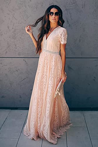 Lrady Women's V Neck Floral Lace Wedding Dresses Boho Beach Short Sleeve Bridesmaid Evening Party Maxi Dress, Pink, Small #TOP5