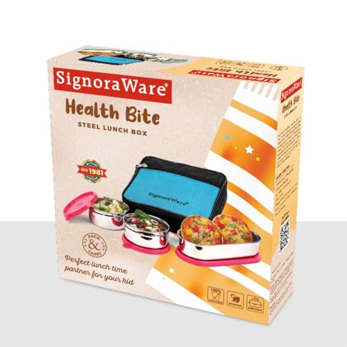 Image of SignoraWare Health Bite Stainless Steel Lunch Box | Airtight & Leakproof | Compact & Easy to Carry | Ideal for Meal Prep, Travel & Everyday Use (350ml x 2 + 650ml | Set of 3 | Red)