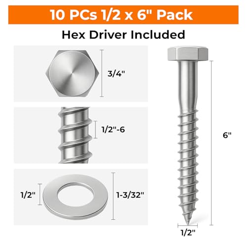 1/2 x 6 Lag Bolts, 10 PCs Heavy Duty 304 Stainless Steel Wood Lag Screws for Deck Framing Outdoor Projects, SS Hex Head by Party Animals - Image 2