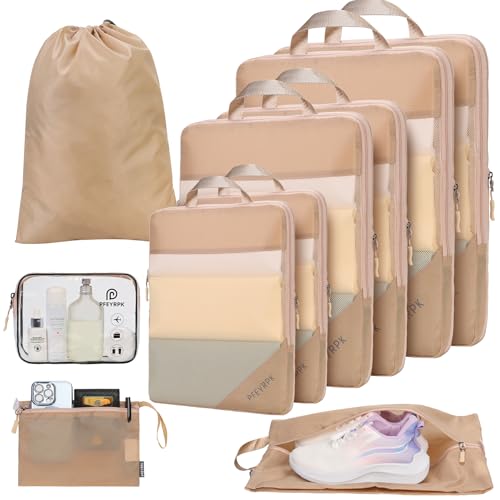 PFEYRPK Compression Packing Cubes for Travel - Compressible, Lightweight, and Space-Saving Packing Cubes, Travel Essentials for Efficient Organizers (Khaki, 10 Set)
