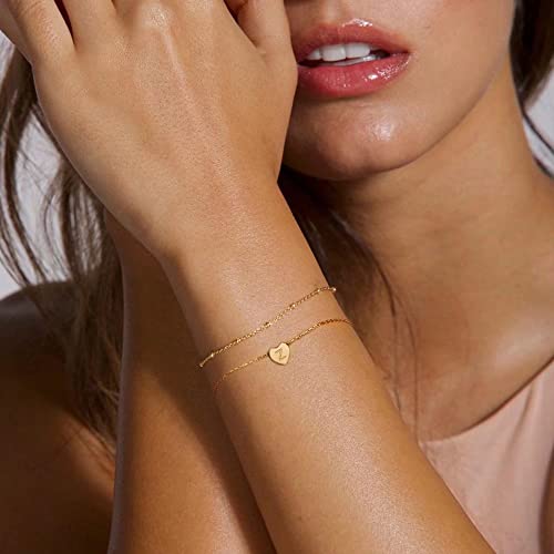 Tiny Initial Heart Bracelets For Women, 14K Gold Filled Dainty Bracelet Womens Bracelet Chain Letter Bracelets For Teen Girls Jewelry Bracelet With Initials S #TOP5