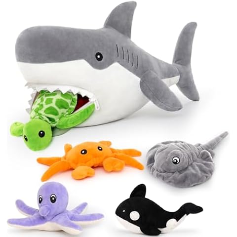 MorisMos 23in Shark Stuffed Animal with 5 Sea Stuffed Animal Friends - Turtle, Whale, Octopus, Stingray, Crab Plush, Shark Plush Toy with 5 Babies Inside, Plush Shark Pillow for Sea Animal Lovers Cover