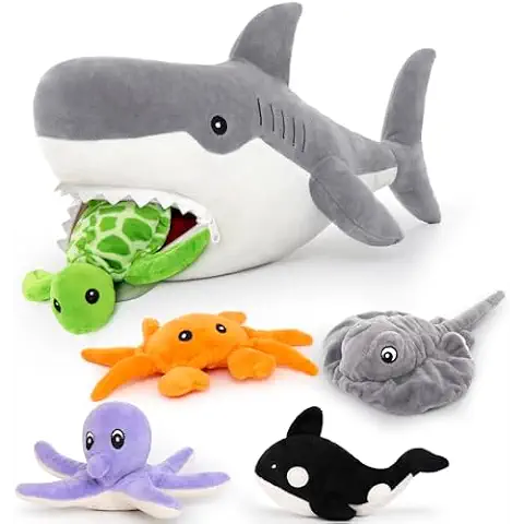 MorisMos 23in Shark Stuffed Animal with 5 Sea Stuffed Animal Friends - Turtle, Whale, Octopus, Stingray, Crab Plush, Shark Plush Toy with 5 Babies Inside, Plush Shark Pillow for Sea Animal Lovers Cover