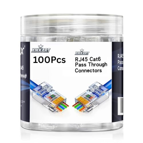 Image of XIKKART Cat6 RJ45 Pass Through Connectors (100 Pack) | Gold-Plated Modular Plugs for Solid & Stranded Ethernet Cable | Easy Crimp Network Plug for Cat6, Cat5e, Cat5 LAN Cable | (100-Pcs)