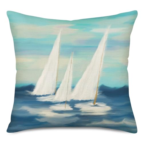 Throw Pillow Covers Sailboat on Sea with Retro Pastel Oil Painting Marine Theme Effect Decorative Pillow Covers Cotton Linen Nautical Sailboat Pillow Case Cushion Covers 18 x 18 Inches(Sailboat1)