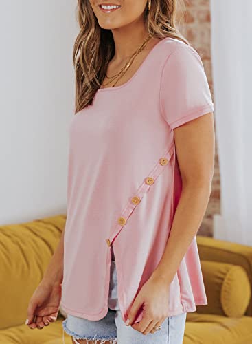 Dokotoo Womens Summer Tops Casual Square Neck Tops Loose Fit Solid Color Short Sleeve Tunic Tops To Wear With Leggings Oversized T Shirts Pink Xx-Large #TOP26
