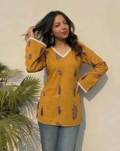 Image of ANNI Designer Women's Viscose Blend Printed Short Kurti | Ethnic Printed Tunic Top | V Neck Lace Detail | Full Sleeve Hip Length Kurta Top for Women