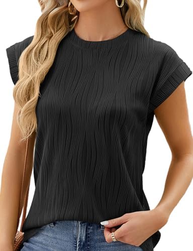 2025 Round Neck Cap Sleeve T Shirts Fashion Trendy Spring Summer Loose Fitted Plain Knit Textured Tops Casual Tee Blouses Clothes Black X-Large