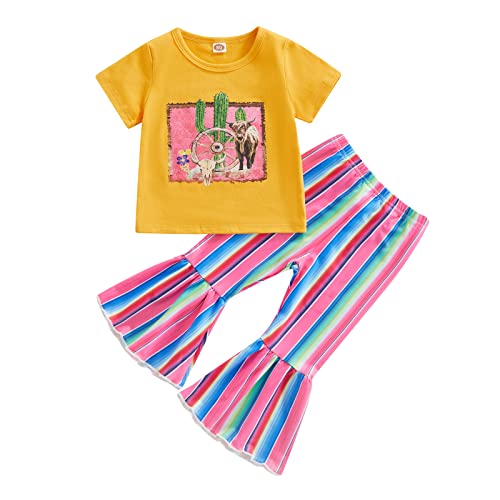 Emmababy Western Baby Girl Clothes Cow Outfits Toddler Bell Bottoms Letter Print Short Sleeve Shirt Floral Flare Pants Set(A#31#Yellow,1-2 Years) #TOP24