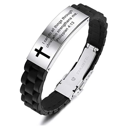 MeMeDIY Inspirational Quote Cross Bracelets Faith Christian Bible Accessories Verse Silicone ID Wristband Religious Gifts for Men Women Stainless Steel Rubber Adjustable (Silver Color)