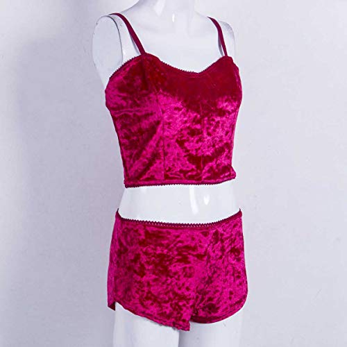 Women's Vintage Velvet 2 Piece Outfit Spaghetti Strap Crop Top And Shorts (S, Rosy Red) #TOP3