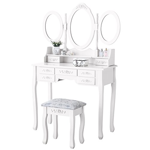 mecor Makeup Vanity with 4Drawers,Vanity Table Set w/Round Mirror Girls Women Wood Dressing Table Cushioned Stool Bedroom Furniture White