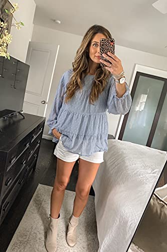 Prettygarden Women's Summer Loose Chiffon Blouse Mesh Long Sleeve Casual Round Neck Peplum Tops (Blue,Large) #TOP4