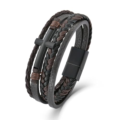 Men's Leather Cross Bracelet - Black or Brown Multi-Layer Braided Christian Religious Wristband Jewelry for Men, 8.3