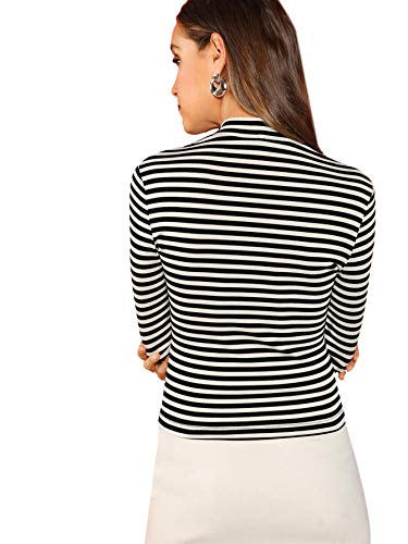 Floerns Women's High Neck Long Sleeve Slim Fit Stretch Striped T-Shirts Black And White, S #TOP1