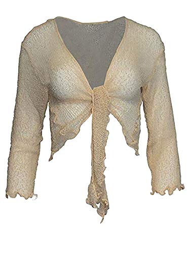 Image of Kiran Fashion Womens Tie Up 3/4 Sleeve Ladies Fine Knit Bolero Cropped Stretchy Shrug Top Jacket Cardigan One Size (UK, Alpha, One Size, Regular, Regular, Cream)