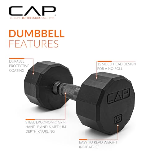 Image of CAP Rubber Coated Dumbbell Weights, Free Weights for Home Gym Strength Training, Anti-Roll Hex Dumbbells with Black, Chrome & Comfort Grip Handles, Singles