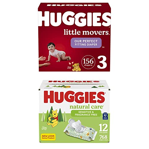 Baby Diapers And Wipes Bundle: Huggies Little Movers Size 3 (16-28 Lbs), 156Ct & Natural Care Sensitive Baby, Unscented, Hypoallergenic, 12 Flip-Top Packs (768 Wipes Total) #TOP22