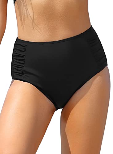 Shekini Women's Retro Bikini Bottom Ruched Swimsuit Bottoms High Waisted Bathing Suit Bottom（Manhattan Black, Medium） #TOP2