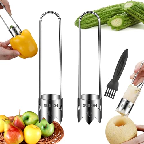 2PCS Red Bell Pepper Seed Corer, Stainless Steel Bell Pepper Corer Tool, Corer Seed Remover Tool Kitchen Gadget Design for Fruits and Vegetables, with Free Cleaning Brush, Silver