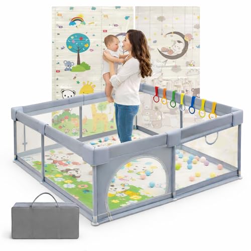 PARVULI Parque Infantil Bebe 120x120cm - Corralito Bebe con 6 agarraderas y Alfombra de Juegos Acolchada - Parque Bebes para Casa Fácil de Montar con Malla Transpirable y Vayas con Protecciones