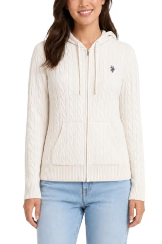 Image of U.S. POLO ASSN. Women's Zip Cable Hoodie Sweaters, Egret, XL