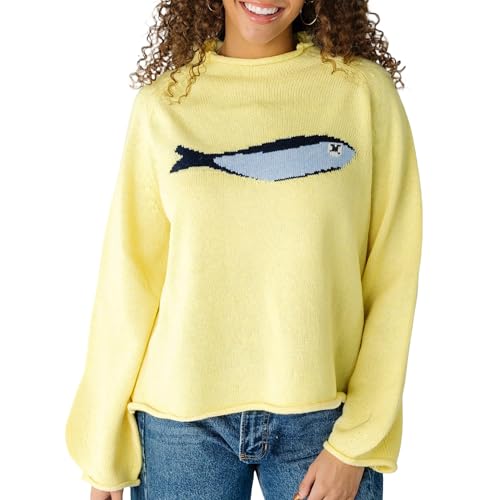 Women's Oversized Roll Neck Cute Animal Graphic Sweater Long Sleeve Chunky Knit Pullover Tops Casual Patterned Knitwear(Butter-Fish,L)