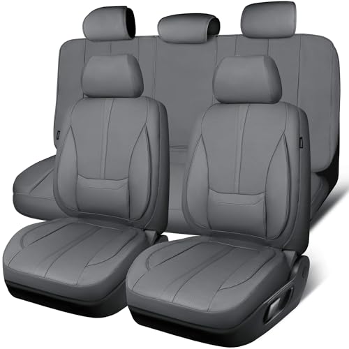 CAR PASS Nappa Leather Seat Covers Full Set, 3D Foam Faux Leather Car Seat Covers with Lumbar Support, Water Resistant Grey Seat Covers Car seat Cover Universal Fit for Cars SUV Truck Vehicles, Gray