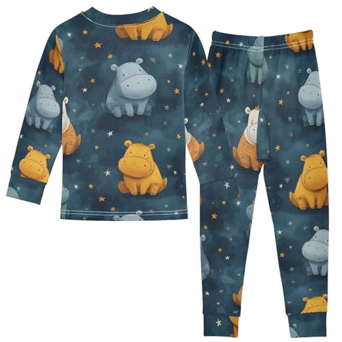 Pajama Sets Long Sleeve Starry Night Hippo Pattern Soft Comfy Sleepwear 2 Piece PJS 3-8T3