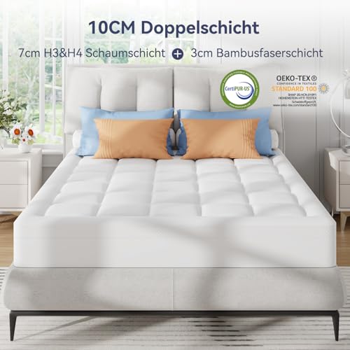 ELEMUSE Matratzen Topper 160x200cm, H3 H4 Gel Topper mit Waschbarem Flauschigem Bezug und Gelschaum, 10CM Höhe Weicher und Bequemer Matratzentopper für Boxspringbett und Unbequeme Betten Schlafsofa