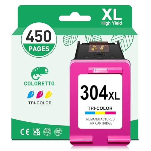 Image of COLORETTO 304 Ink Cartridges Colour for HP 304XL Envy 5000 5030 5032 DeskJet 3750 3760 3700 3762 2600 2630 2632 2620 AMP 120 Printer Ink 304 XL Colour Replacement