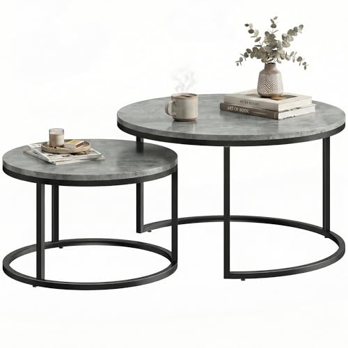 HOMCOM Couchtisch rund 2er Set Stapelbarer Beistelltisch mit Metallrahmen, Wohnzimmertisch mit Zementoptik, Kaffeetisch Satztisch für Wohnzimmer, Schlafzimmer, 78,5 x 78,5 x 46,5 cm, Grau