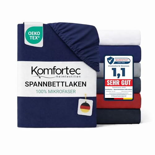Komfortec Mikrofaser Spannbettlaken 160x200 cm – Weiches Spannbetttuch mit Rundumgummi – Fitted Sheet für Matratzen bis 30 cm – Blau – Oeko-Tex – Pflegeleicht & Hautfreundlich – 90g/m²
